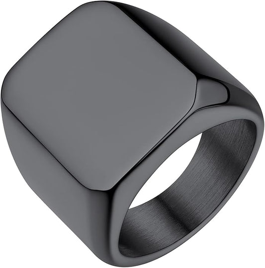 Bestyle Stainless Steel Signet Ring for Men Women in Gold/Black/Silver/Vintage Gray Tone, Chunky Thick Heavy Dome Band Ring Cool Finger Ring, Gift for Dad Husband, Size 7-14 Customizable