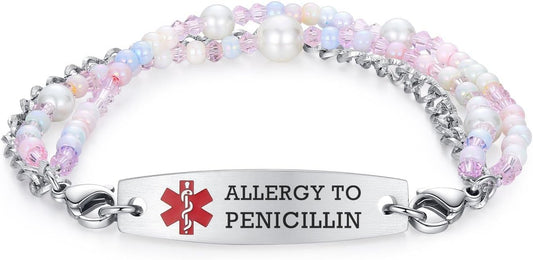 mnmoom 7.5 inch interchangeable Medical id bracelets for Women beads Medical alert bracelets with customize engraving