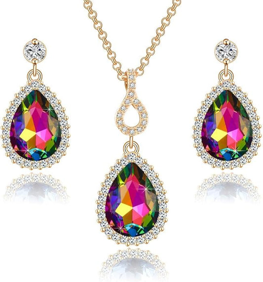Austrian Crystals Teardrop Pendant Necklace Earrings for Women 14K Gold Plated Hypoallergenic Jewelry Set