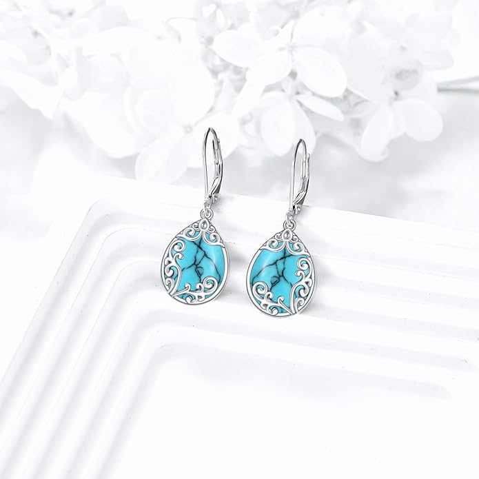 Filigree Earrings Sterling Silver Teardrop Moonstone Moss Agate Lapis Lazuli Larimar Emerald Peridot Opal Dangle Dangly Drop Leverback Earrings Boho Jewelry Gifts for Women