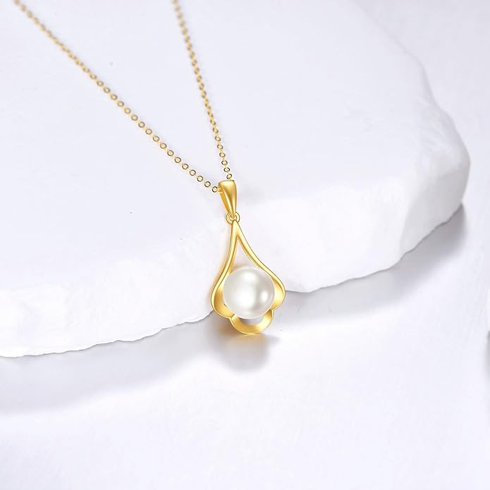 NFYBD 14K Gold Pearl Necklace for Women,Yellow Gold 8mm Freshwater Cultured Pearl Pendant Necklaces Jewelry for Christmas Anniversary Birthday Her Mom Wife 16+1+1 Inch