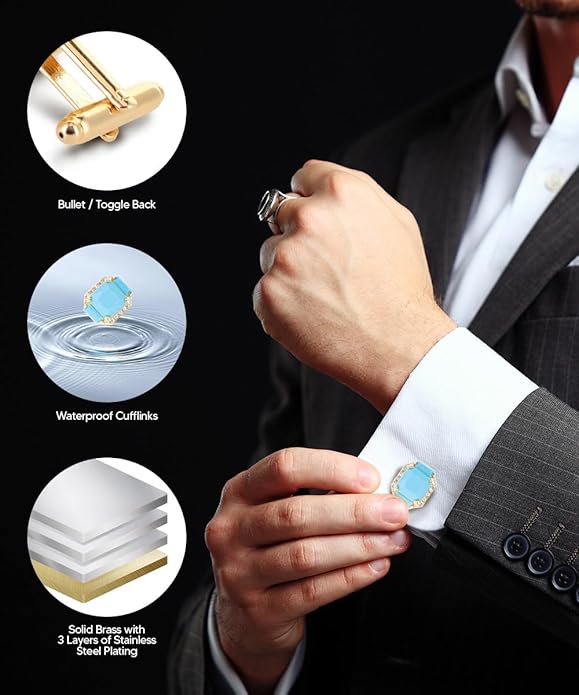 Rectangular Colored Diamond-Flanked Crystal Cuff Links – Tuxedo Suit Accessories, Cufflinks for Men