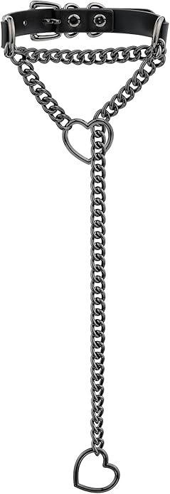 Handmade Black Heart Choker Collar For Women, Punk Gothic O-ring Slip Chain Necklace with Adjustable Vegan Leather Buckle