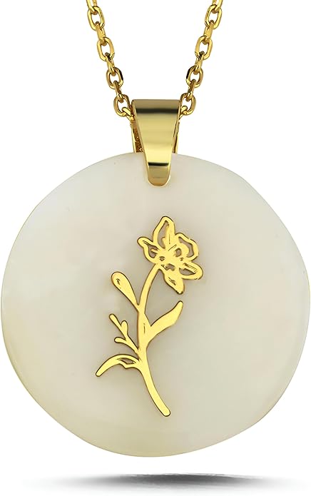 ONTHOLOGIE Birth Month Flower Necklace on Natural Mother of Pearl, 925K Sterling Silver Pendant Birth Flower Necklace, Personalized Birth Month Jewelry, Meaningful Gift for Women