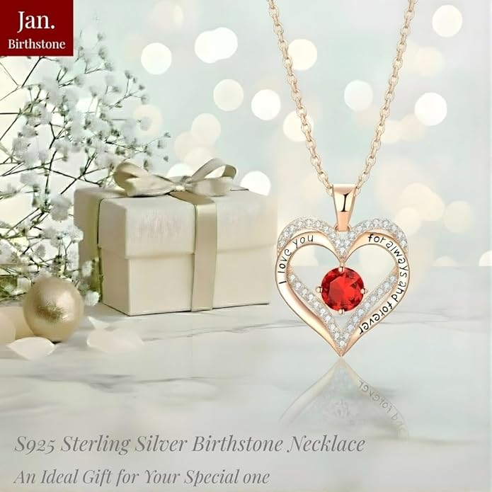 Birthstone Heart Necklace for Women Wife Girlfriend Mom Daughter Gifts S925 Silver Jewelry For Anniversary Rose Gold Gifts For Birthday Christmas Mothers Valentines Day
