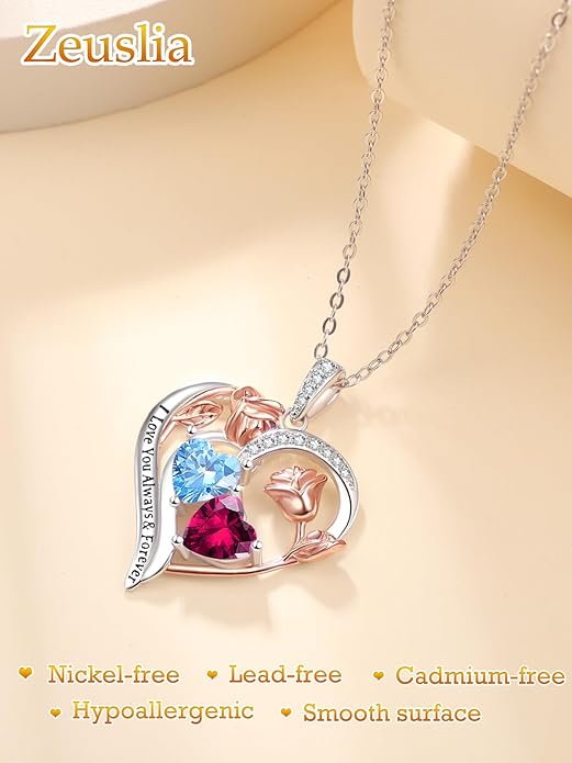 Zeuslia Double Birthstone Necklace Gifts for Wife - 925 Sterling Silver Sunflower/Rose/Crown Cross/Compass/Heart Pendant I Love You Necklace, Anniversary Birthday Gifts for Wife Girlfriend Mom Her