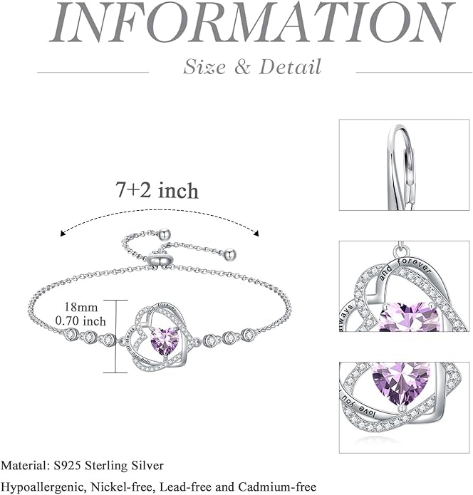 TOUPOP Heart Birthstone Bracelet 925 Sterling Silver Double Heart Bracelet Love You for Always and Forever Jewelry Anniversary Birthday Christmas Gifts for Women Wife Her