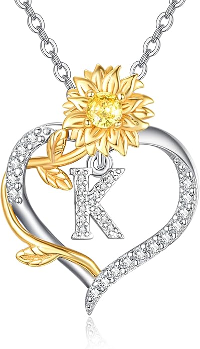 AENEAS Sunflower Initial Necklace for Women Gold Plated Sterling Silver Letter Heart Pendant Jewelry Gift for Mom Wife Birthday Anniversary Christmas