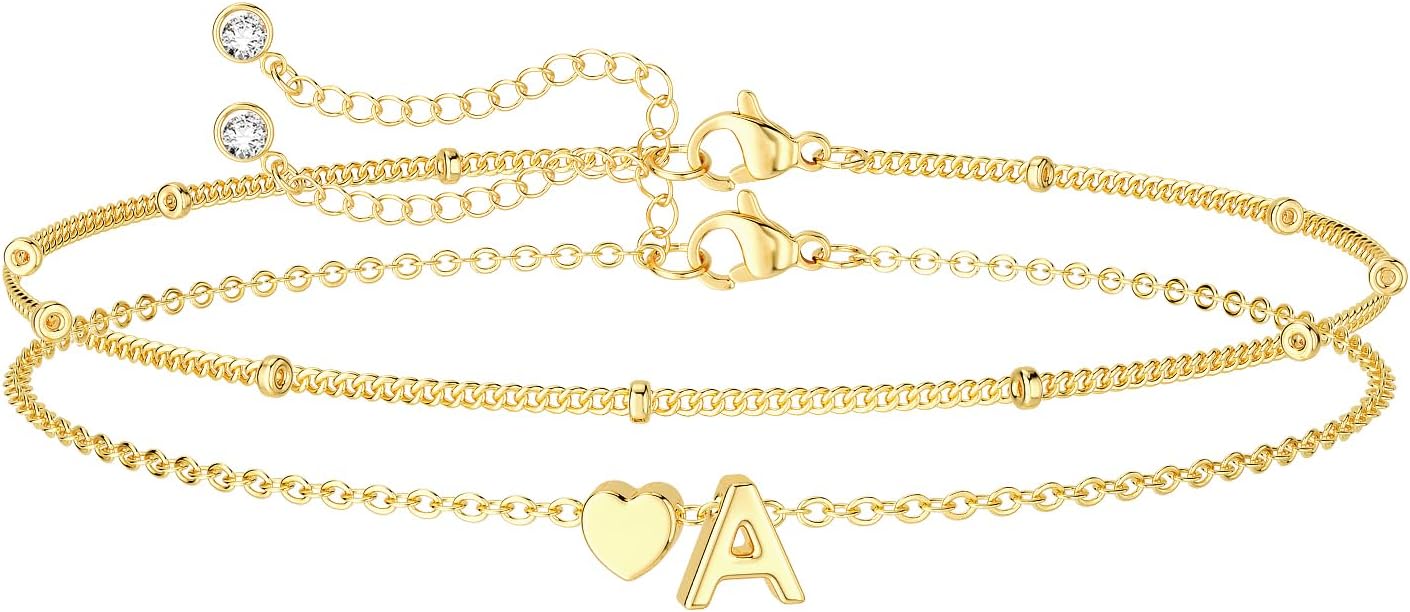 DEARMAY Dainty Initial Heart 14K Gold Plated Bracelets for Women Trendy, Letter Charm Bracelet Jewelry Cute Simple Fashion Chain Gift