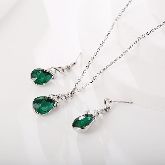 RUOFFETA Teardrop Crystal Jewelry Set, Birthstone Pendant Necklace Drop Dangle Earrings for Women