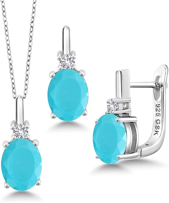 Gemstone Birthstone and White Created Sapphire Pendant and Earrings Jewelry Set for Women in 925 Sterling Silver | Oval 8X6MM and Round 2.5MM | With 18 Inch Chain | Fine Jewelry for Her Mom Women Wife