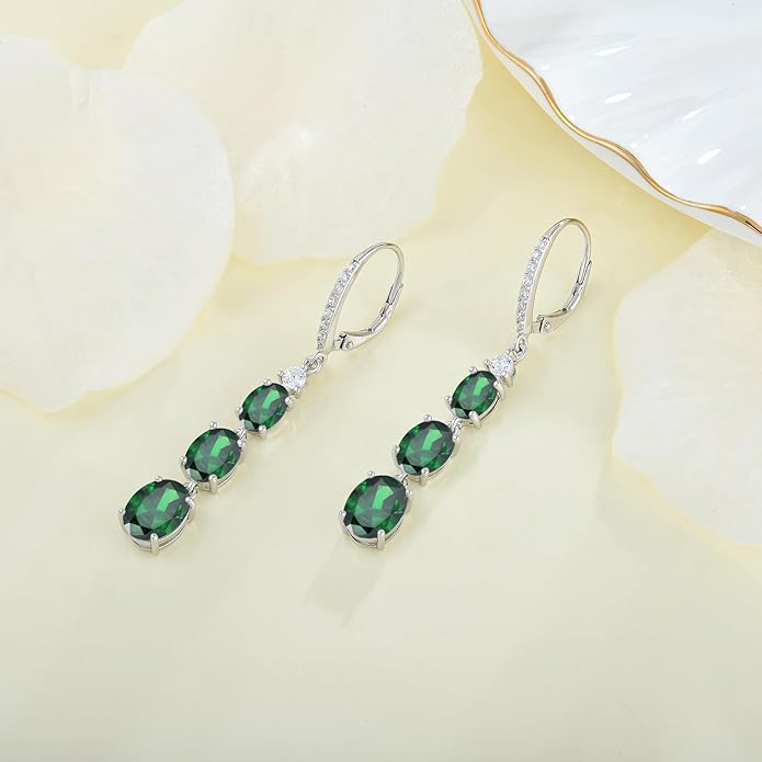 Women 925 Sterling Silver Birthstone 3-stone Leverback Drop Dangle Earrings 5A Cubic Zirconia Jewelry for Her