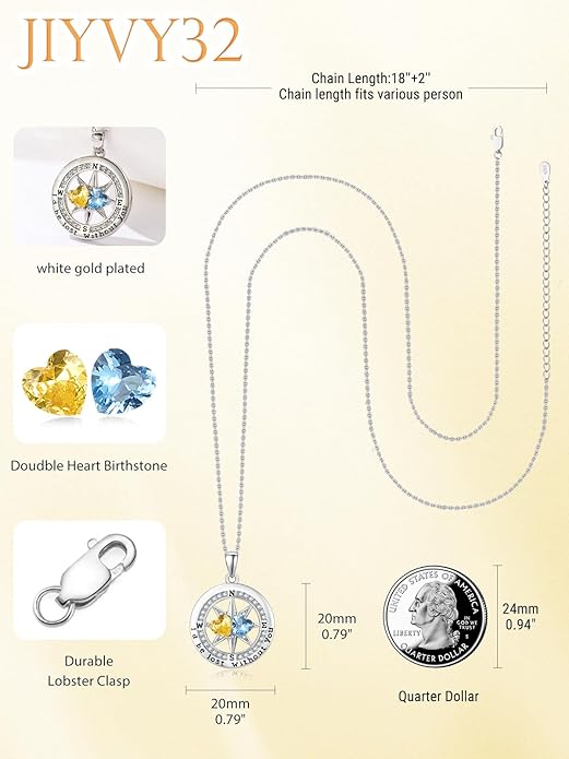 Compass Birthstones Necklace for Women, Exquisite Anniversary Birthday Gifts for Wife Her Double Birthstone Pendant jewelry ‘I'd be Lost Without You’