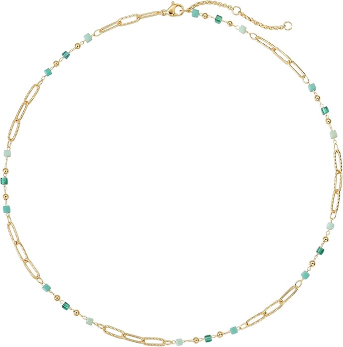 MTMY Beaded Necklaces for Women 14K Gold Plated Dainty Colorful Green/Rose Beaded Pearl Choker Necklace Delicate Boho Choker Necklace Jewelry Gift