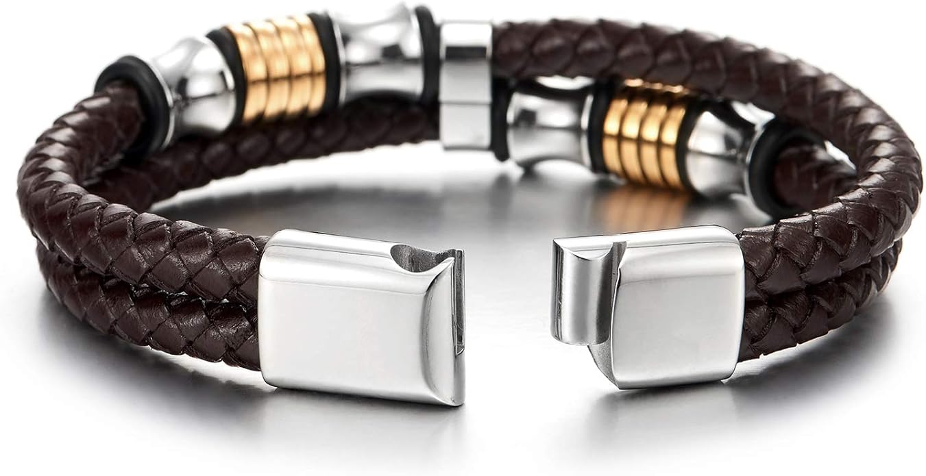 COOLSTEELANDBEYOND Mens Double-Row Braided Leather Bracelet Bangle Wristband with Stainless Steel Ornaments