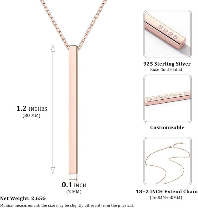 ChicSilver Customizable Vertical Bar Pendant Necklace 925 Sterling Silver Y Necklace Simple Fashion Jewelry Gifts for Women