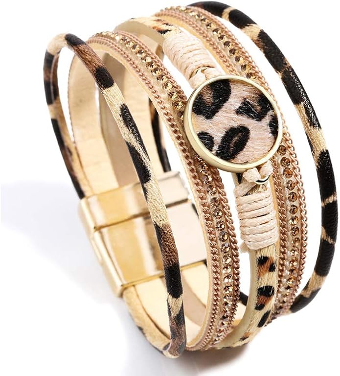 Fesciory Leopard Bracelet for Women, Boho Leather Wrap Multi-Layer Pearl Crystal Bracelet Bangle Jewelry