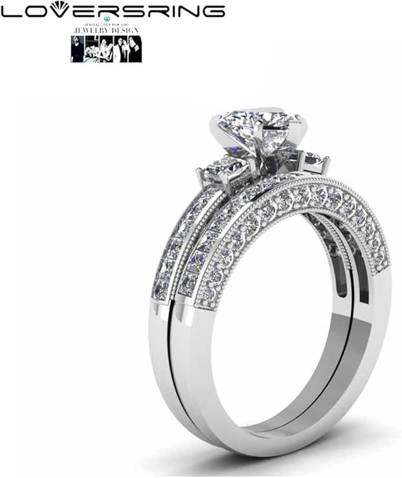 TWO RINGS Wedding Ring Sets His And Hers Promise Ring Couples Bridal Sets Women 925 Sterling Silver square Cz Man Stainless Steel Brushed Finished Wedding Bands