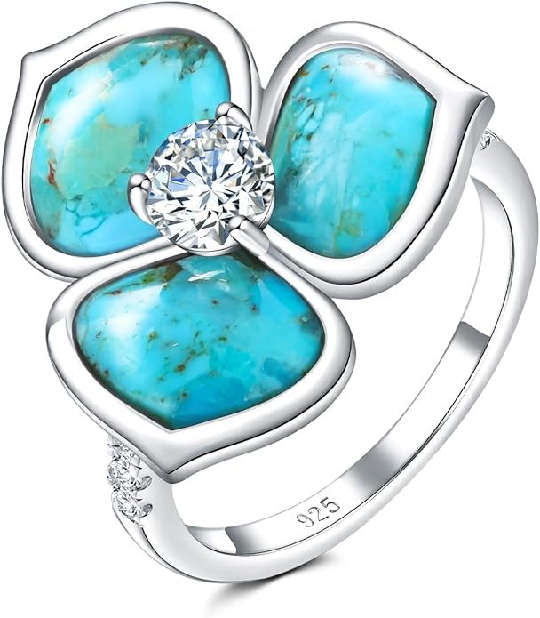 AIBAO Flower Gemstone Rings for Women Three Pental Turquoise/Malachite/Mother of Pearl Flower Ring with Cubic Zirconia Center Sterling Silver Statement Rings Size 6 to 10