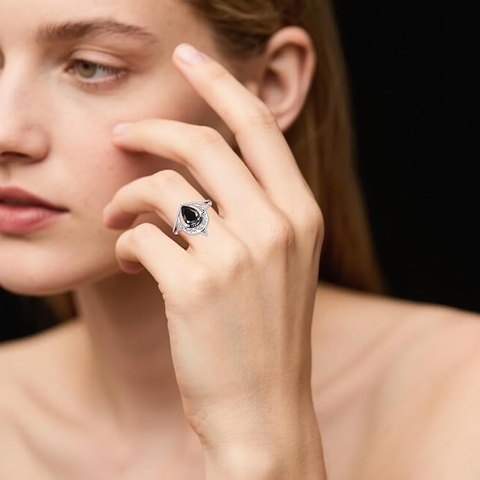 Vintage Moon Ring 925 Sterling Silver Retro Filigree Crescent Teardrop Black Stone Ring Jewelry Gifts for Women US Size 5-13