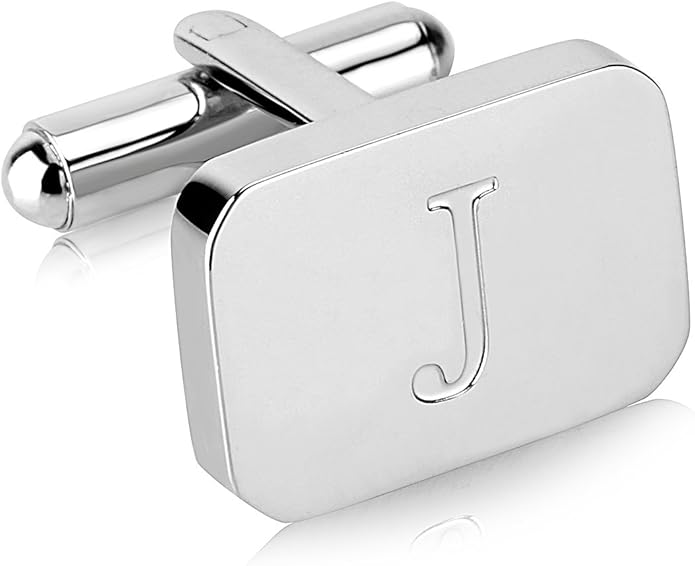 18K White-Gold Plated Initial Engraved Stainless Steel Men’s Cufflinks With Gift Box -Personalized Alphabet Letter’s A-Z By Lux & Pair