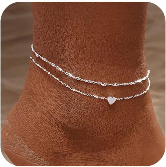 Gold Ankle Bracelets for women,14k Gold/Silver Plated Waterproof Layered lightweight Cuban Link Figaro Chain Heart anklet butterfly anklet Pearl Ankle Bracelets Set Gold Anklets for women Trendy Jewelry Gift for Women