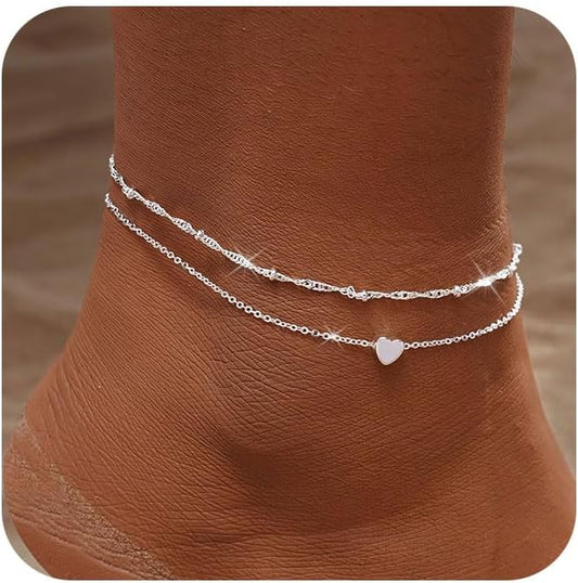 Gold Ankle Bracelets for women,14k Gold/Silver Plated Waterproof Layered lightweight Cuban Link Figaro Chain Heart anklet butterfly anklet Pearl Ankle Bracelets Set Gold Anklets for women Trendy Jewelry Gift for Women