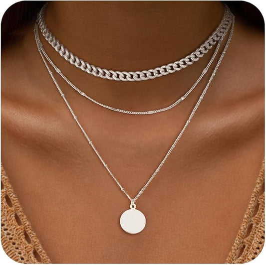 Layered Gold Silver Necklace for Women Non Tarnish,Dainty Choker Statement Chunky Necklace Stack Charm Pendant Chain Necklace Set 14K Gold Plated Long Stacked Womens Necklaces Trendy Jewelry Gift