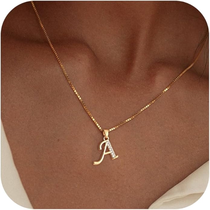 Initial Necklace for Women, 14K Gold Plated Box Chain Letter Pendant, Trendy Name Necklace, Dainty Personalized Jewelry Gift for Her