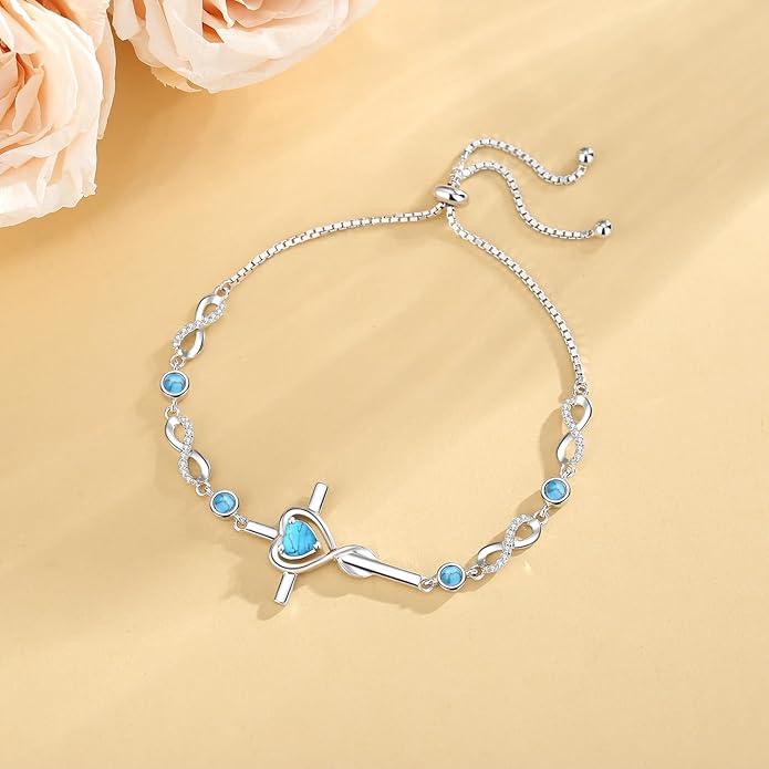 FANCIME Gift for Women Cross Bracelet 925 Sterling Silver Heart Birthstone Bracelet Fine Jewelry Birthday Gifts for Her Women