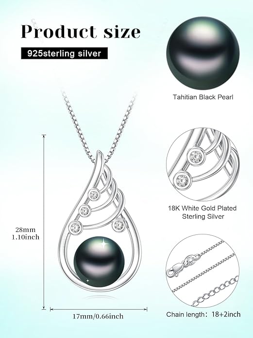 KANNSOAR Tahitian Black Pearl Pendant Necklace AAAA 18K White Gold Plated 925 Sterling Silver Black Pearl Jewelry Gift for Women Mother Wife Her for Anniversary Christmas Birthday