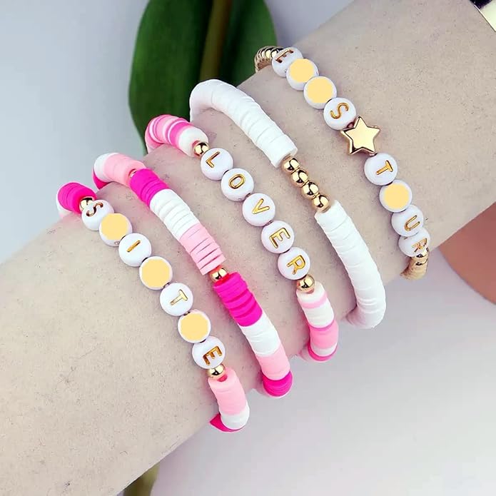 TINAZG QWIE T-Style Cute Pastel Letter Bracelets Set, 5PCS Color Mix Stretch Bead Wristbands for Girls Women Gifts