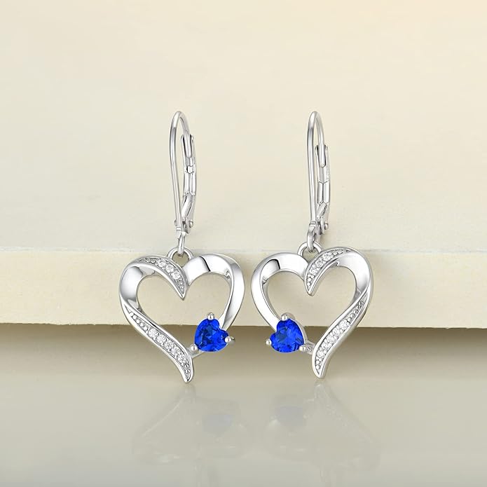 YL Heart Dangle Earrings 925 Sterling Silver Drop Earrings Birthstone Leverback Jewelry for Women