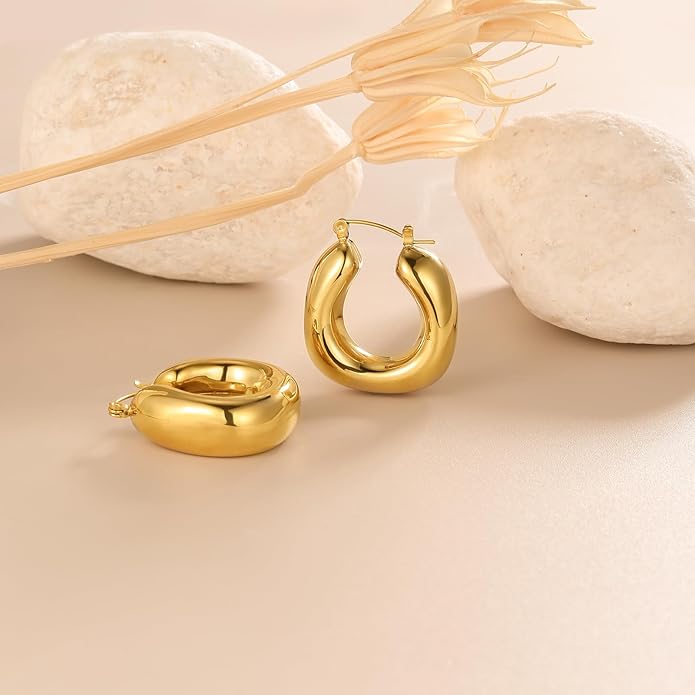 8YEARS Chunky Gold Hoop Earring for Women, 18K Gold Plated Lightweight Thick Hoops, Hypoallergenic Trendy Jewelry for Gift