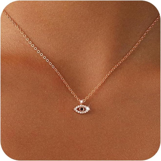 Evil Eye Necklace for Women,Dainty 14K Gold/Sterling Silver Plated Evil Eye Pendant Necklace Tiny Boho CZ Diamond Necklace Cute Trendy Lucky Protection Jewelry Gift for Women