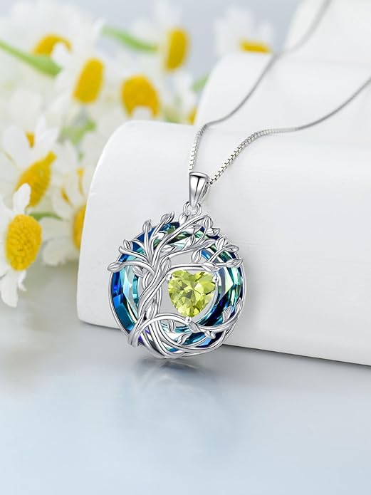 TOUPOP Tree of Life Birthstone Necklace 925 Sterling Silver Pendant Austrian Crystal Jewelry Anniversary Birthday Christmas Gifts for Women Mom Her Wife
