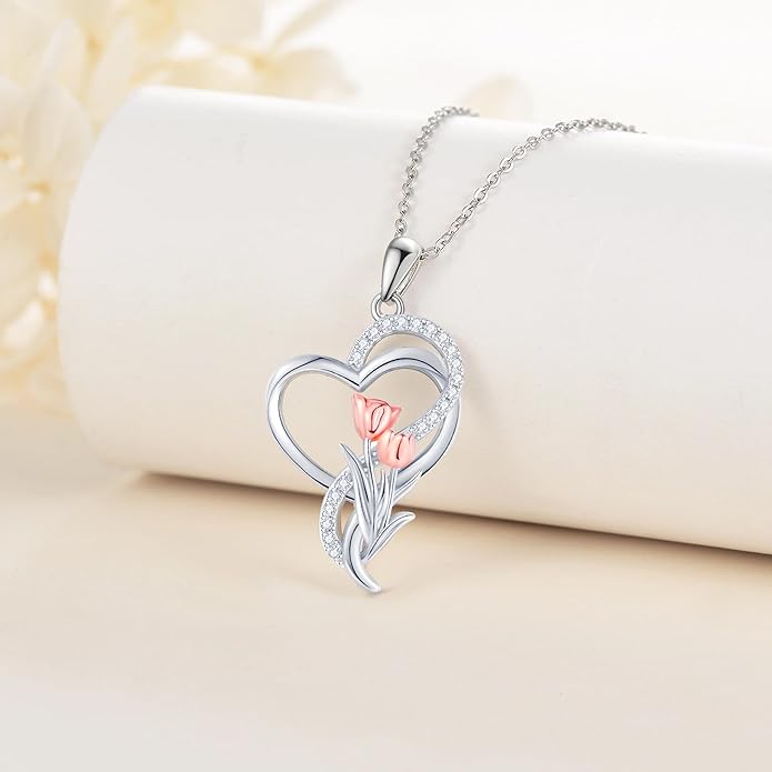 Tulip Sunflower Rose Lily of the Valley Sterling Silver Flower Heart Pendant Necklace Gifts for Women Mother Flower Lover