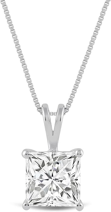 Everyday Elegance Solid 14K Gold Cubic Zirconia Solitaire Pendant Necklace for Women Heart, Princess, Round, Oval, Emerald, Pear & Cushion Cut 1 or 2 CTW | .60mm Thick 16" 18" Length Box Link Chain