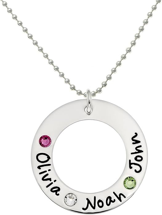 AJ's Collection Sterling Silver Personalized Washer Necklace with 3 Crystal Birthstones with a choice of Sterling Silver Chain. Gift for Her