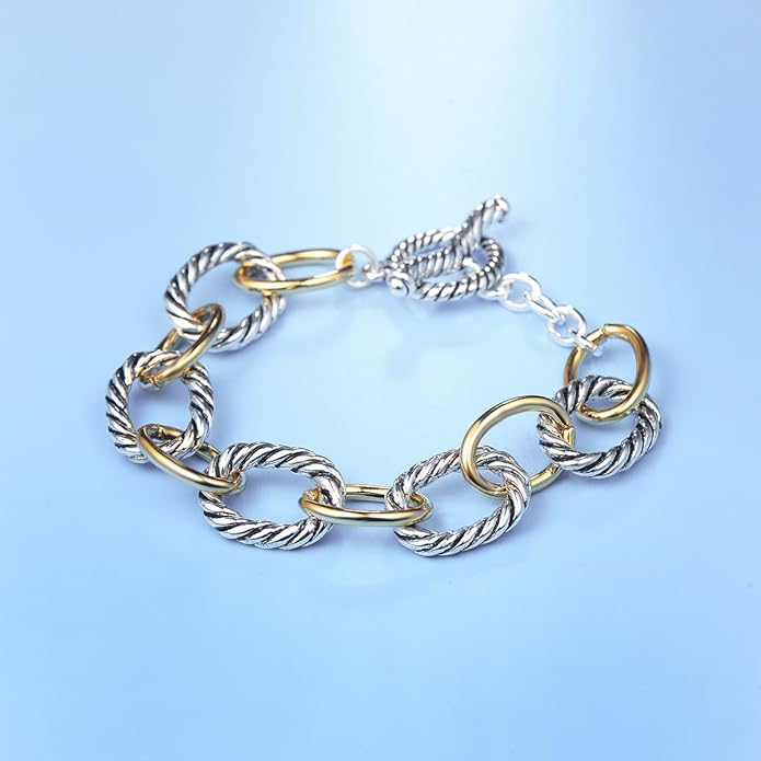 UNY JEWEL Twisted Cable Wire Link Chain Bracelet Two Tone Designer Brand Inspired Women Jewelry Valentine (2 Tone)
