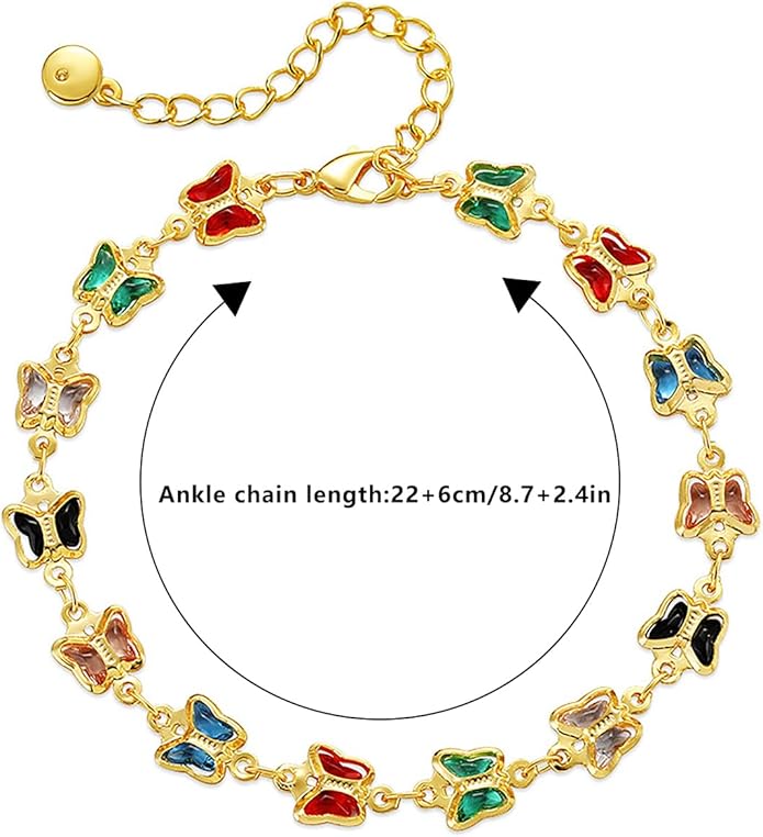 18K Gold Plated Anklet for Women Multicolor Crystal Ankle Bracelets Boho Adjustable Chain Anklets
