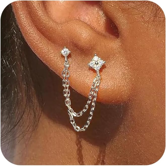 Freekiss Gold Chain Studs Earrings for Women Trendy: Hypoallergenic 14K Gold Plated Dangle Earrings Dainty Small Long Chain Earring Set Fashion Gold Jewelry for Women