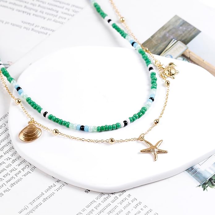 Da Piao Liang Handmade Multilayered Colorful Seed Beads Choker Necklace – Boho Starfish Creative Beach Jewelry for Women – Summer Necklace