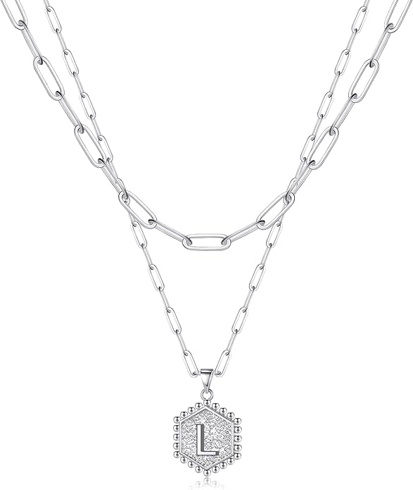 M MOOHAM Dainty Initial Necklaces for Women - Layering Necklace for Women Cute Hexagon Letter Initial Necklace Layered Necklaces for Womens Gifts
