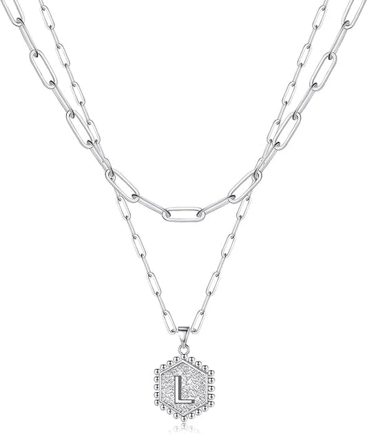 M MOOHAM Dainty Initial Necklaces for Women - Layering Necklace for Women Cute Hexagon Letter Initial Necklace Layered Necklaces for Womens Gifts