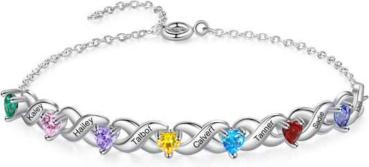 Personalized Custom Name Heart Bracelet with 1-6 Birthstone Bracelets for Women Engraved Family Names Link Bracelets for Mother's Day Mom Daughter