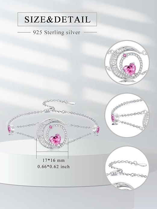 Dorunmo 925 Sterling Silver Moon Heart Birthstone Anklet Bracelets for Women Best Mother's Day Birthday Jewelry for Wife Girlfriend Mom Her