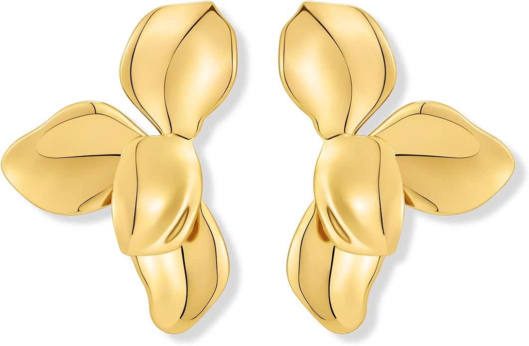 Chunky Gold Statement Earrings For Women Gold Plated Sectored Flower Leaf Shell Angel Wing Earrings Large Stud Earrings Hypoallergenic Earrings