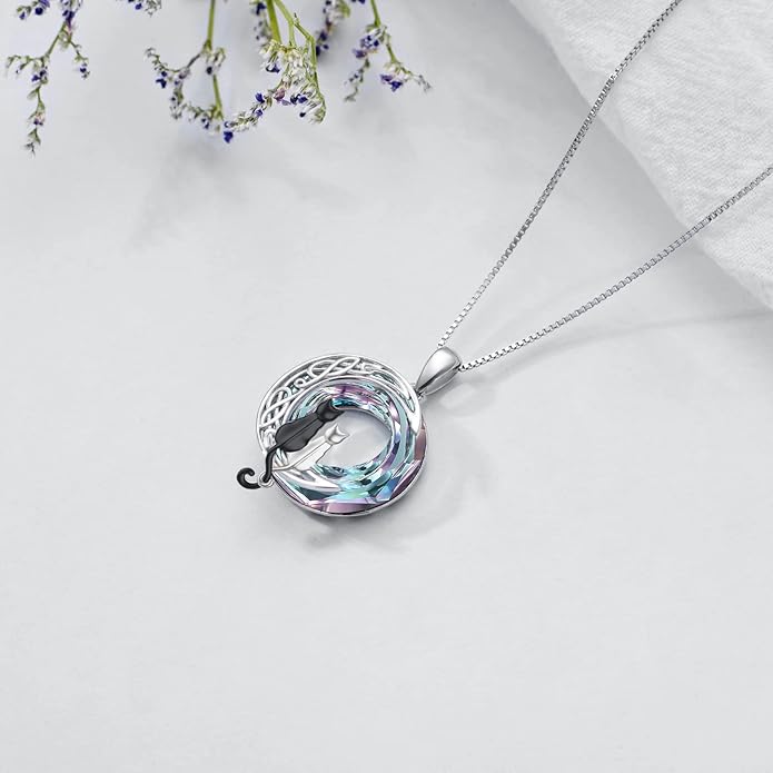 TOUPOP Christmas Cat Gifts for Cats Lovers One Two Three Four Cats Necklace Sterling Silver Cats on the Moon Pendant Necklace with Blue Circle Crystal Birthday Christmas Celtic Jewelry Gifts for Women