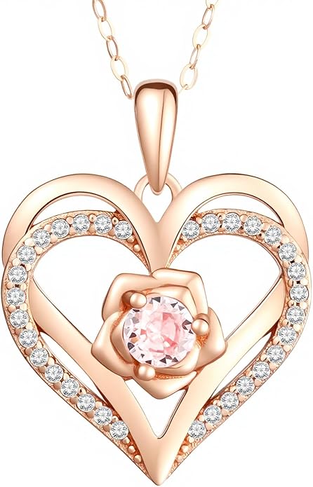 Birthstone Pendant Necklace for Women, Heart Jewelry with Rose Flower Birthday Gift Idea for Wife Girlfriend Mom Friendship on Valentine‘s Day Anniversary Christmas Wedding, 925 Sterling Silver